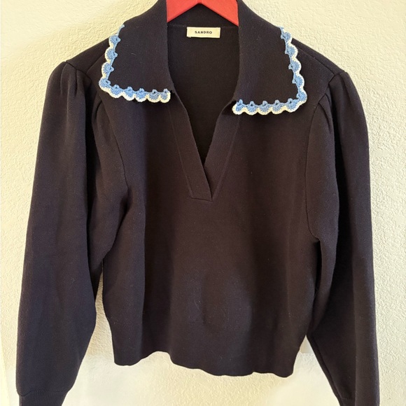Sandro embroidery v neck sweater Black Sweater with Blue Trim - Picture 5 of 7